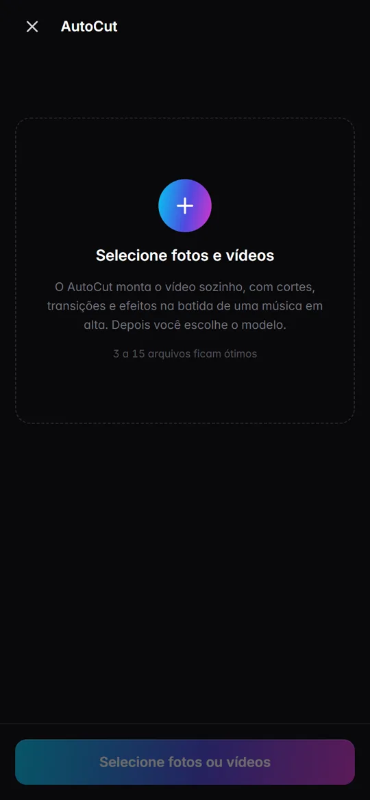 AutoCut: tela para escolher fotos e vídeos