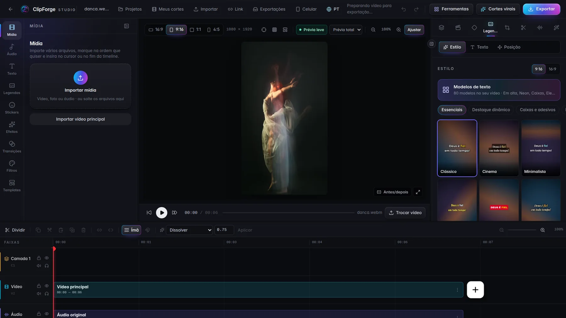 Editor Studio Pro do NorForge com a linha do tempo, modelos de legenda e prévia vertical
